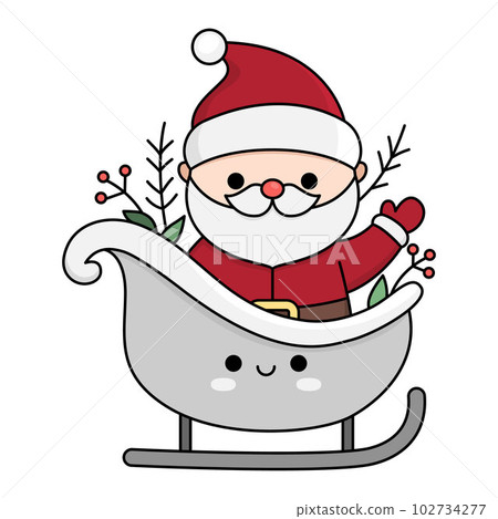 Vector colored kawaii Santa Claus on sledge. Cute Father Frost illustration isolated on white background. Christmas, winter or New Year character on sled. Funny cartoon holiday icon 102734277