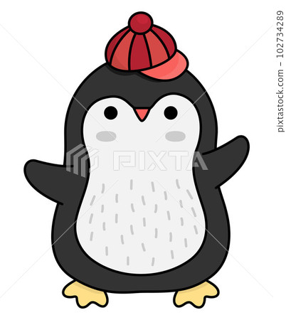 Vector colored kawaii penguin in hat. Cute Christmas animal character illustration isolated on white background. New Year or winter smiling bird. Funny cartoon holiday icon Vector colored kawaii penguin in hat. Cute Christmas animal character illustration isolated on white background. New Year or winter smiling bird. Funny cartoon holiday icon 102734289