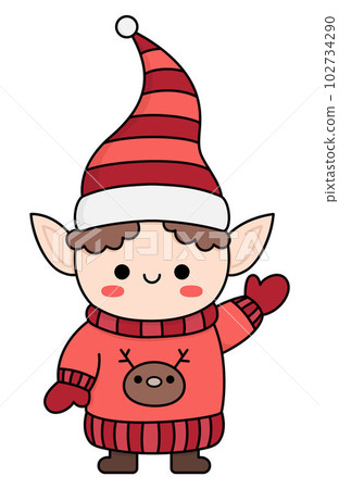Vector colored kawaii elf in hat, mittens and sweater. Cute Christmas character illustration isolated on white. New Year or winter smiling dwarf. Funny cartoon holiday icon Vector colored kawaii elf in hat, mittens and sweater. Cute Christmas character illustration isolated on white. New Year or winter smiling dwarf. Funny cartoon holiday icon 102734290