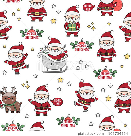 Vector seamless pattern with kawaii Santa Claus. Cute repeat background with Santas, present, sack, sleigh. Father Frost digital paper. Christmas, winter, New Year holiday wallpapers Vector seamless pattern with kawaii Santa Claus. Cute repeat background with Santas, present, sack, sleigh. Father Frost digital paper. Christmas, winter, New Year holiday wallpapers 102734334