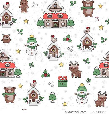 Vector seamless pattern with kawaii house, snowman, bird. Cute repeat background with snowflakes and cozy decorated cottage. Christmas, winter, New Year holiday digital paper 102734335