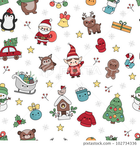 Vector Christmas seamless pattern with kawaii Santa Claus, elf, sleigh, deer, fir tree, gingerbread man. Cute repeat background with funny winter characters. New Year holiday digital paper. 102734336