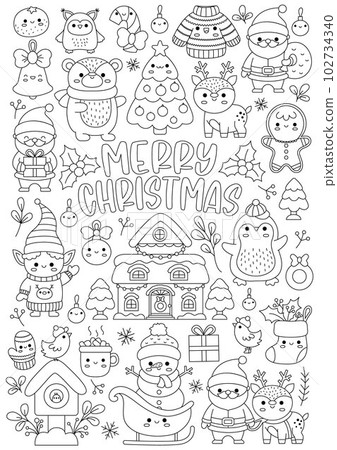 Vector Christmas vertical line coloring page for kids with cute kawaii characters. Black and white winter holiday illustration with Santa Claus, deer, elf, bear, tree. Funny New Year searching poster 102734340