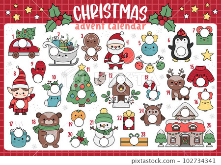 Vector Christmas advent countdown calendar with traditional holiday symbols. Cute kawaii winter planner for kids. Festive New Year poster design with Santa Claus, fir tree, deer, present 102734341