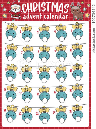 Vector Christmas advent countdown calendar with traditional holiday decorations. Cute kawaii winter planner for kids. Festive New Year poster design with fir tree ball and ornaments Vector Christmas advent countdown calendar with traditional holiday decorations. Cute kawaii winter planner for kids. Festive New Year poster design with fir tree ball and ornaments 102734342