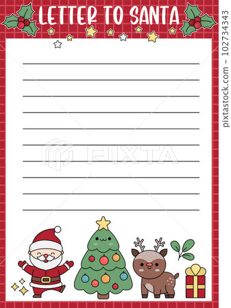 Vector letter to Santa Claus template. Cute kawaii Christmas card design. Winter holiday frame layout for kids with funny characters. Festive New Year background with place for text. Vector letter to Santa Claus template. Cute kawaii Christmas card design. Winter holiday frame layout for kids with funny characters. Festive New Year background with place for text. 102734343