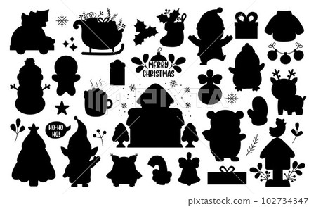 Vector Christmas silhouette set. Traditional New Year party black and white clipart. Shadow collection with Santa Claus, fir tree, deer, present, elf, house. Winter holiday kawaii cute design 102734347