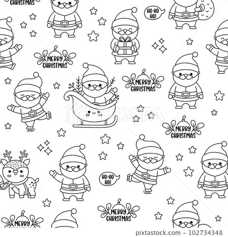 Vector black and white seamless pattern with kawaii Santa Claus. Cute repeat background with Santa, present, sack. Father Frost line digital paper. Christmas, winter, New Year holiday coloring page 102734348