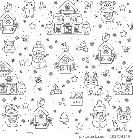 Vector black and white seamless pattern with kawaii house, snowman, bird. Cute line repeat background with cozy cottage. Christmas, winter, New Year holiday coloring page Vector black and white seamless pattern with kawaii house, snowman, bird. Cute line repeat background with cozy cottage. Christmas, winter, New Year holiday coloring page 102734349