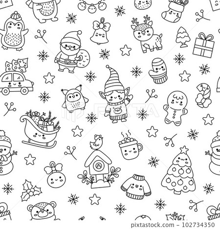 Vector black and white Christmas seamless pattern with kawaii Santa Claus, elf, sleigh, deer, tree. Cute repeat background with funny winter characters. New Year line holiday coloring page 102734350
