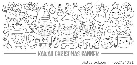 Christmas black and white horizontal banner with kawaii characters for kids. Vector Santa Claus standing with deer, elf, tree. Cute New Year line illustration. Funny winter holiday coloring page 102734351