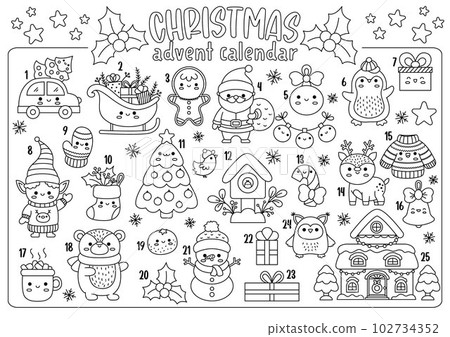 Vector black and white Christmas advent countdown calendar with traditional holiday symbols. Cute line kawaii winter planner for kids. Festive New Year coloring page with Santa Claus, tree, deer 102734352