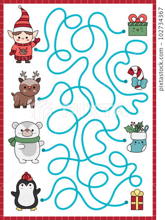 Christmas maze for kids. Winter holiday preschool printable activity with cute kawaii elf, bear, deer, penguin and presents. New Year labyrinth game or puzzle with cute characters 102734367