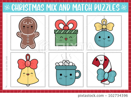Vector Christmas mix and match puzzle with cute kawaii characters. Matching New Year party activity for preschool kids. Educational winter holiday game with gingerbread, present, colored ball Vector Christmas mix and match puzzle with cute kawaii characters. Matching New Year party activity for preschool kids. Educational winter holiday game with gingerbread, present, colored ball 102734396