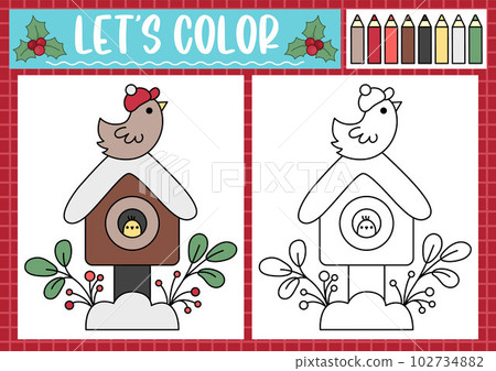 Christmas coloring page for children with cute kawaii bird house. Vector winter holiday outline illustration. Color book for kids with colored example. Drawing skills printable worksheet 102734882