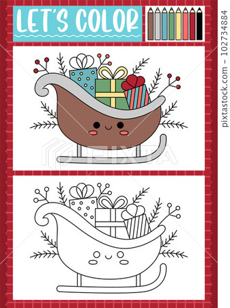 Christmas coloring page for children with cute kawaii Santa sledge with presents. Vector winter holiday outline illustration. Color book for kids with colored example. Drawing skills printable 102734884