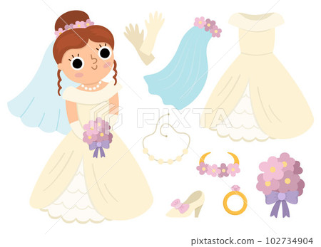 Vector bride clothes set. Cute just married girl with dress, accessory. Wedding ceremony icon. Cartoon marriage newly married woman, veil, shoe, bouquet, ring, gloves. Cute lady collection Vector bride clothes set. Cute just married girl with dress, accessory. Wedding ceremony icon. Cartoon marriage newly married woman, veil, shoe, bouquet, ring, gloves. Cute lady collection 102734904