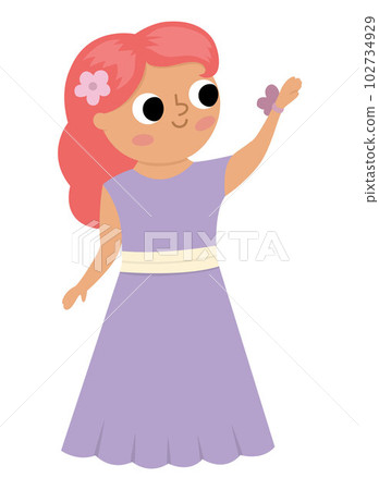 Vector bridesmaid illustration. Cute red hair girl in purple dress with flower. Wedding ceremony icon. Cartoon marriage guest. Elegant woman picture. Cute lady in smart outfit Vector bridesmaid illustration. Cute red hair girl in purple dress with flower. Wedding ceremony icon. Cartoon marriage guest. Elegant woman picture. Cute lady in smart outfit 102734929