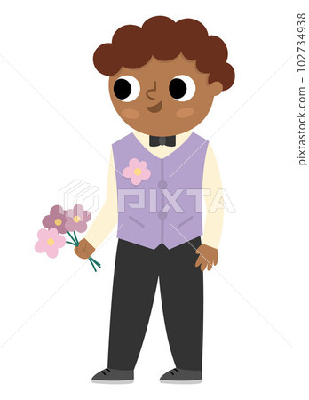 Vector bridegroom illustration. Cute dark skin and hair boy in glasses and purple vest with flower. Wedding ceremony icon. Cartoon marriage guest. Elegant man. Cute gentleman in smart suit 102734938