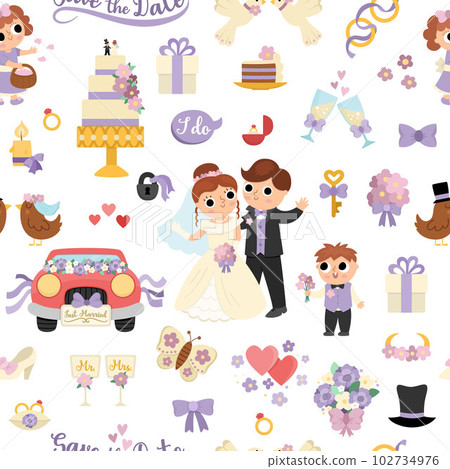 Vector wedding seamless pattern. Cute marriage repeat background with bride and groom. Just married couple texture. Funny ceremony digital paper with cute bridesmaids, bridegroom, rings, cake 102734976