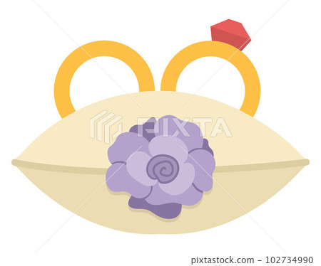 Vector wedding rings with red stone on little pillow with purple rose. Cute marriage or proposal symbol clipart element for bride and groom. Just married couple ceremony accessory illustration Vector wedding rings with red stone on little pillow with purple rose. Cute marriage or proposal symbol clipart element for bride and groom. Just married couple ceremony accessory illustration 102734990