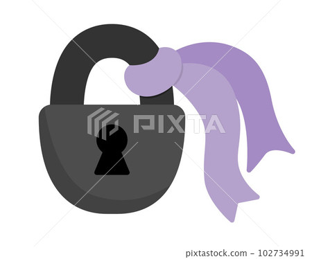 Vector lock icon. Beautiful lock element tied with purple ribbon isolated on white background. Wedding or marriage symbol illustration Vector lock icon. Beautiful lock element tied with purple ribbon isolated on white background. Wedding or marriage symbol illustration 102734991