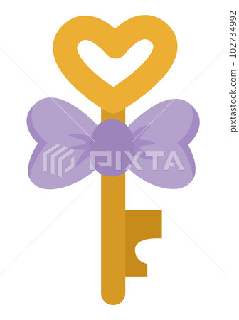 Vector golden key icon. Beautiful lock element tied with purple ribbon and bow isolated on white background. Wedding or marriage symbol illustration 102734992