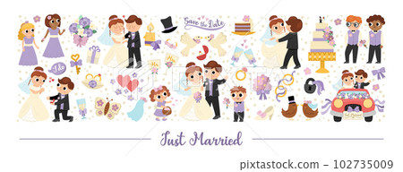 Vector wedding horizontal set with just married couple. Marriage ceremony card template for banners, invitations. Cute matrimonial illustration with bride, groom, bridesmaids, bridegroom, cake, rings 102735009
