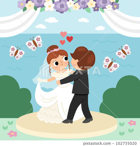Vector wedding scene with cute just married couple. Marriage ceremony landscape with bride and groom. Husband and wife dancing their first dance with flowers and butterflies Vector wedding scene with cute just married couple. Marriage ceremony landscape with bride and groom. Husband and wife dancing their first dance with flowers and butterflies 102735020