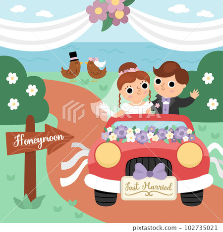 Vector wedding scene with cute just married couple. Marriage ceremony landscape with bride and groom. Husband and wife going to honeymoon on red car decorated with flowers Vector wedding scene with cute just married couple. Marriage ceremony landscape with bride and groom. Husband and wife going to honeymoon on red car decorated with flowers 102735021