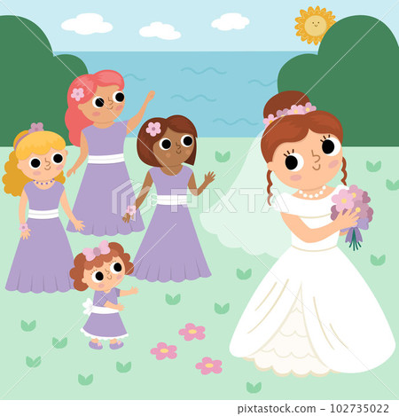 Vector wedding scene with cute just married couple. Marriage ceremony landscape with bride and groom. Beautiful girl in veil throwing bouquet to bridesmaids 102735022