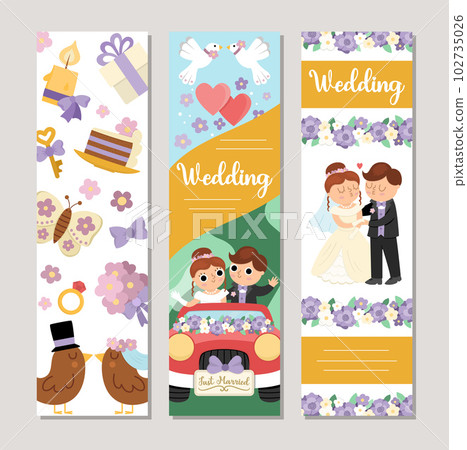 Cute wedding vertical cards set with just married couple, bride, groom, bridesmaids, cake. Vector marriage ceremony vertical print templates. Matrimonial bookmark design for tags, postcards Cute wedding vertical cards set with just married couple, bride, groom, bridesmaids, cake. Vector marriage ceremony vertical print templates. Matrimonial bookmark design for tags, postcards 102735026