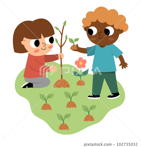 Girl and boy seeding plant icon. Cute eco friendly kids. Children planting a tree. Earth day or healthy lifestyle concept. Funny gardeners decorating garden or park Girl and boy seeding plant icon. Cute eco friendly kids. Children planting a tree. Earth day or healthy lifestyle concept. Funny gardeners decorating garden or park 102735032