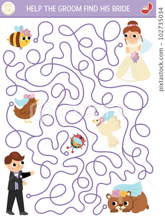 Wedding maze for kids with just married couple, animals, birds wearing veil. Marriage ceremony preschool printable activity. Matrimonial labyrinth game, puzzle. Help the groom find the bride Wedding maze for kids with just married couple, animals, birds wearing veil. Marriage ceremony preschool printable activity. Matrimonial labyrinth game, puzzle. Help the groom find the bride 102735034