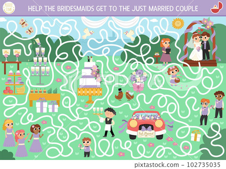 Wedding maze for kids with bride, groom, cake, guests. preschool printable activity with marriage ceremony scene. Matrimonial labyrinth game, puzzle. Help bridesmaids get to just married couple 102735035