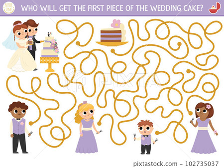 Wedding maze for kids with bride and groom cutting the cake. Marriage ceremony preschool printable activity. Matrimonial labyrinth game, puzzle with guests. Who will get the first piece of dessert Wedding maze for kids with bride and groom cutting the cake. Marriage ceremony preschool printable activity. Matrimonial labyrinth game, puzzle with guests. Who will get the first piece of dessert 102735037