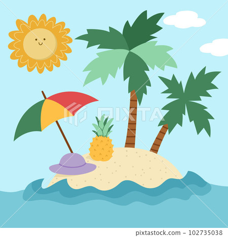 Vector tropical island landscape illustration. Holiday or vacations scene with uninhabited isle, umbrella, pineapple, sun, palm trees. Cute summer square background. Marine picture for kids Vector tropical island landscape illustration. Holiday or vacations scene with uninhabited isle, umbrella, pineapple, sun, palm trees. Cute summer square background. Marine picture for kids 102735038