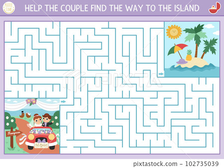 Wedding maze for kids with bride and groom going to honeymoon. Marriage ceremony preschool printable activity. Matrimonial labyrinth game, puzzle. Help couple find the way to the island Wedding maze for kids with bride and groom going to honeymoon. Marriage ceremony preschool printable activity. Matrimonial labyrinth game, puzzle. Help couple find the way to the island 102735039