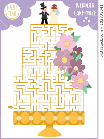 Wedding maze for kids with big cake, bride and groom figurines. Marriage ceremony preschool printable activity. Matrimonial labyrinth game, puzzle with dessert and flowers 102735041