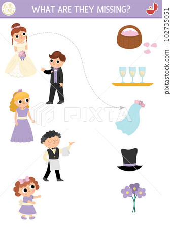 Wedding matching activity with cute bride, groom and guests. Marriage ceremony puzzle. Match the objects game. What they missing printable worksheet. Match up page with veil, glasses, bouquet 102735051