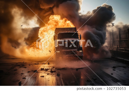 Freight fuel truck explosion with fire and smoke. Generative AI illustration 102735053