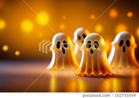 Halloween ghosts on orange bokeh background. Happy Halloween holiday concept. Generative AI illustration 102735054