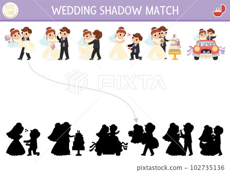 Wedding shadow matching activity with bride and groom. Marriage ceremony puzzle with cute just married couple. Find correct silhouette printable worksheet or game for kids 102735136