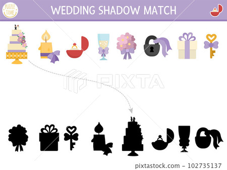 Wedding shadow matching activity with cute bride and groom symbols. Marriage ceremony puzzle with cake, candle, ring, bouquet. Find correct silhouette printable worksheet or game for kids Wedding shadow matching activity with cute bride and groom symbols. Marriage ceremony puzzle with cake, candle, ring, bouquet. Find correct silhouette printable worksheet or game for kids 102735137