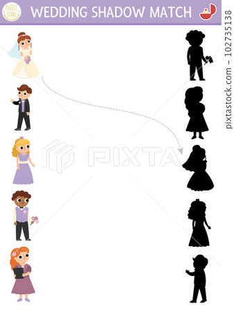 Wedding shadow matching activity with bride, groom and their guests. Marriage ceremony puzzle with cute just married couple. Find correct silhouette printable worksheet or game for kids 102735138