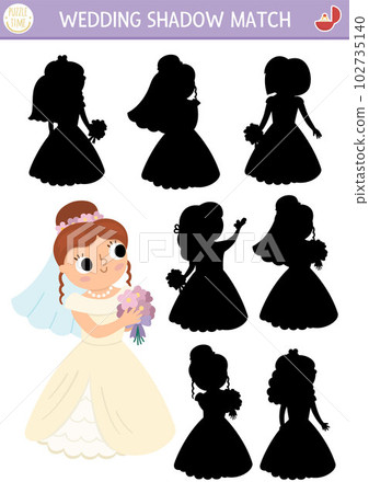 Wedding shadow matching activity with cute brides. Marriage ceremony puzzle with beautiful girl in white dress with bouquet. Find correct silhouette printable worksheet or game for kids Wedding shadow matching activity with cute brides. Marriage ceremony puzzle with beautiful girl in white dress with bouquet. Find correct silhouette printable worksheet or game for kids 102735140