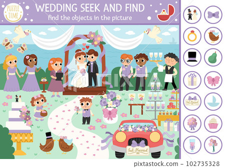 Vector wedding searching game with marriage ceremony scene. Spot hidden objects in the picture. Simple seek and find educational printable activity for kids with cute bride, groom, guests Vector wedding searching game with marriage ceremony scene. Spot hidden objects in the picture. Simple seek and find educational printable activity for kids with cute bride, groom, guests 102735328
