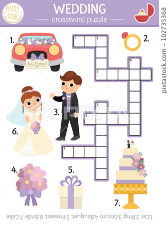Vector wedding crossword puzzle for kids. Simple marriage ceremony quiz for children. Matrimony educational activity with bride and groom. Family holiday cross word with traditional symbols Vector wedding crossword puzzle for kids. Simple marriage ceremony quiz for children. Matrimony educational activity with bride and groom. Family holiday cross word with traditional symbols 102735368