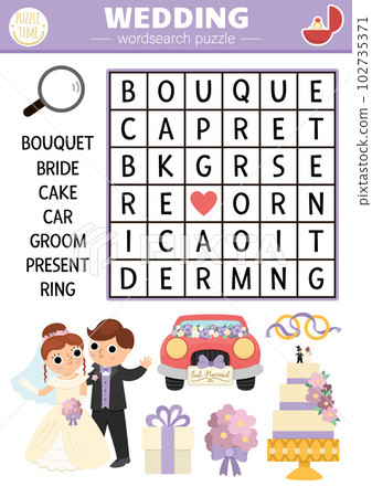 Vector wedding wordsearch puzzle for kids. Simple word search quiz with marriage ceremony landscape for children. Educational activity with bride, groom, cake. Cross word with traditional symbols Vector wedding wordsearch puzzle for kids. Simple word search quiz with marriage ceremony landscape for children. Educational activity with bride, groom, cake. Cross word with traditional symbols 102735371
