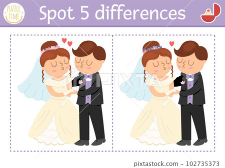 Find differences game for children. Wedding educational activity with cute married couple. Marriage ceremony puzzle for kids with funny kissing bride and groom. Printable worksheet or page Find differences game for children. Wedding educational activity with cute married couple. Marriage ceremony puzzle for kids with funny kissing bride and groom. Printable worksheet or page 102735373
